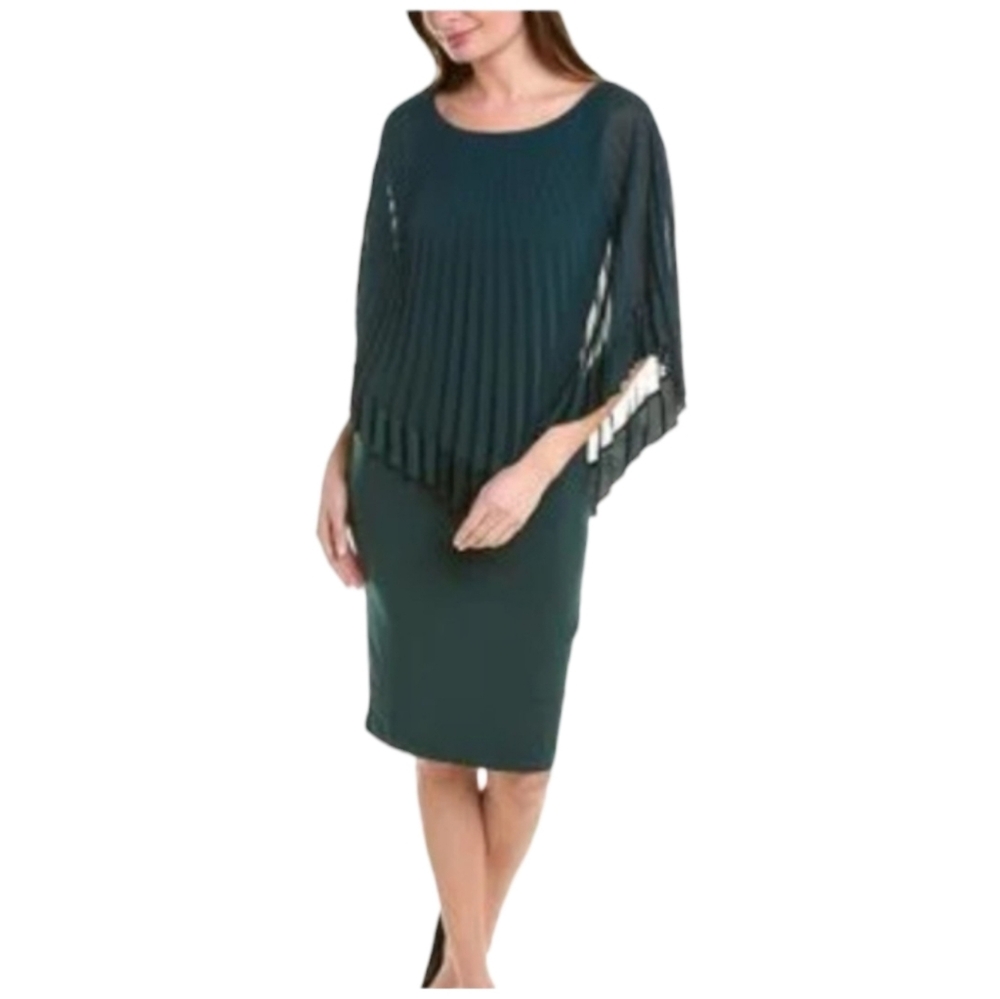 SZ12 NWT Joseph Ribkoff Signature Dress Green Pencil Sheath Pleated Overlay